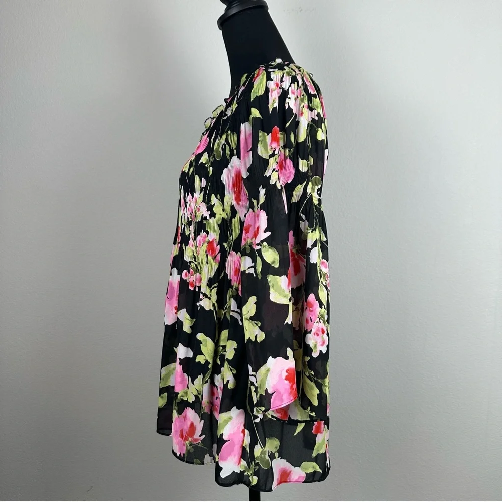 Floral & Ivy Floral Top Sz Large Sheer Pleated Stretch Flare Sleeve Peasant Boho - Picture 6 of 14